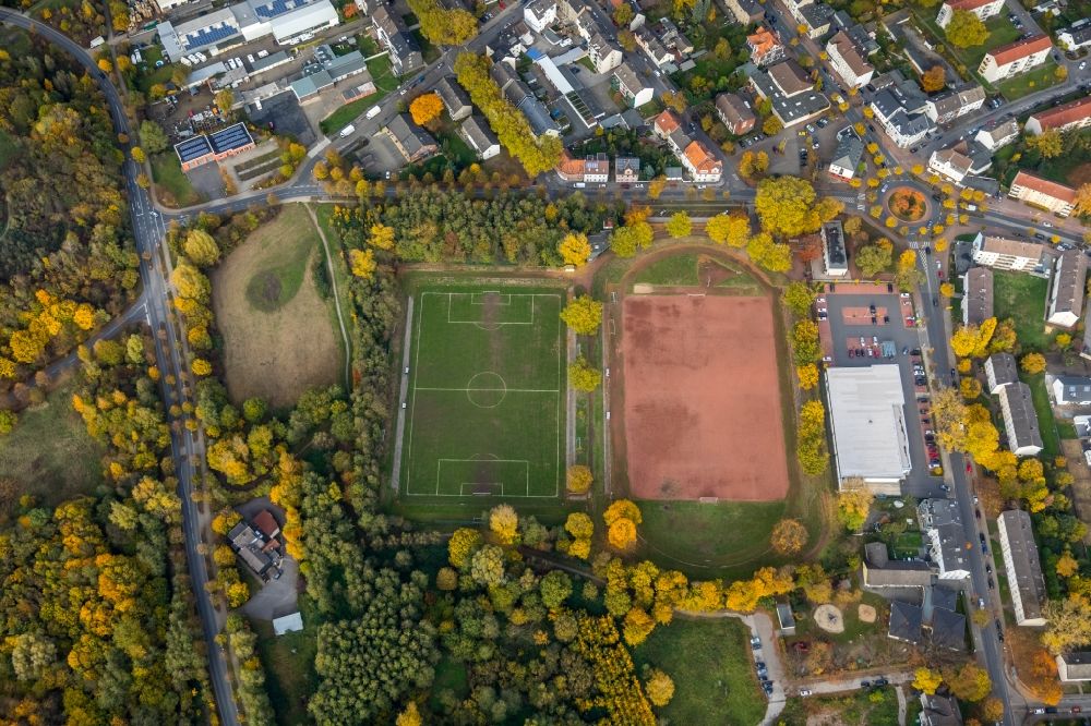 Aerial image Gladbeck - Autumnal discolored vegetation view Ensemble of sports grounds of SuS Schwarz Blau Gladbeck e.V in Gladbeck in the state of North Rhine-Westphalia
