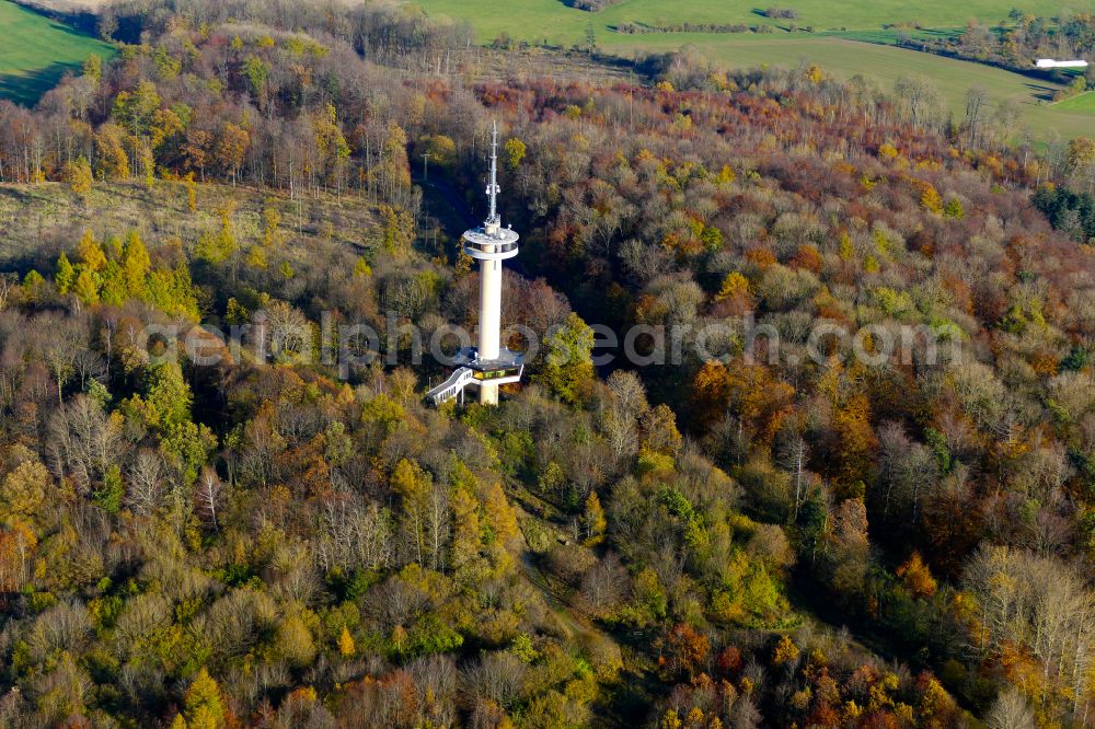 Aerial photograph Dransfeld - Autumnal discolored vegetation view television Tower Gaussturm in Dransfeld in the state Lower Saxony, Germany