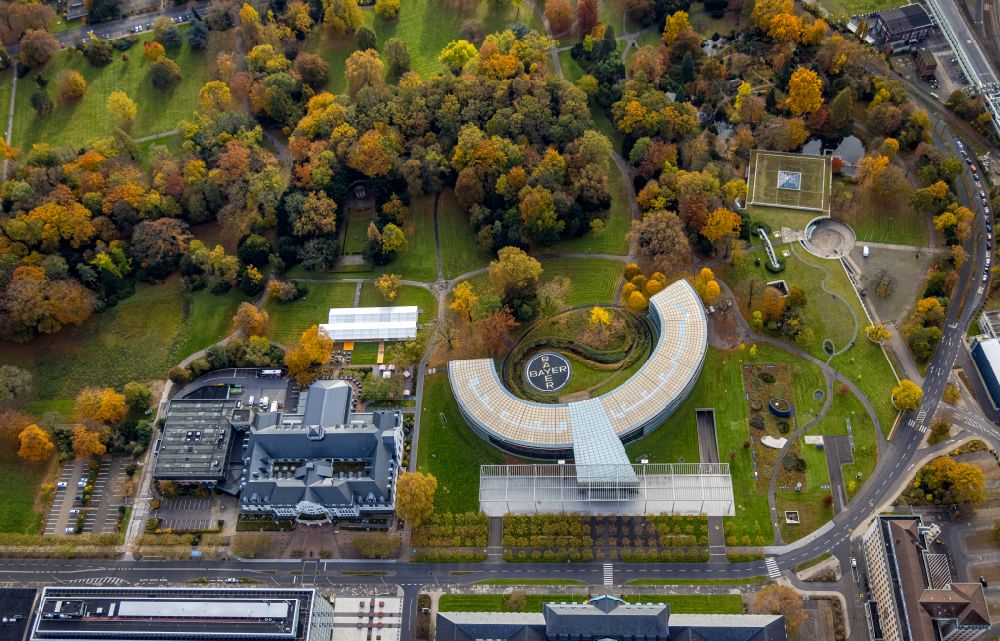 Aerial photograph Leverkusen - Autumnal discolored vegetation view research building and office complex of Bayer Business Services GmbH on Kaiser-Wilhelm-Allee in the district Flittard in Leverkusen in the state North Rhine-Westphalia, Germany