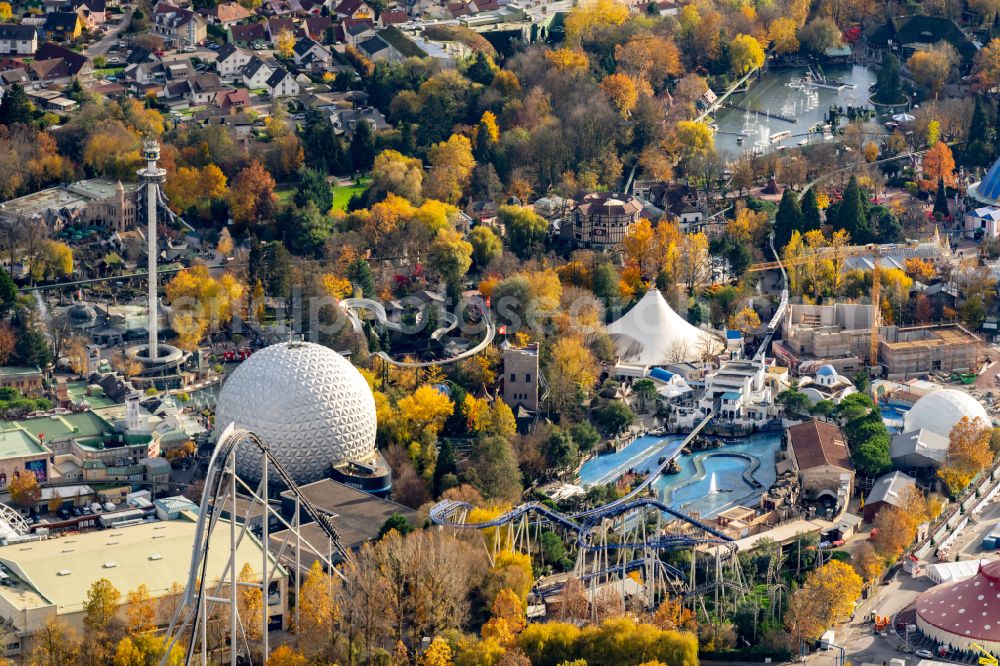 Aerial image Rust - Autumnal discolored vegetation view funpark Europa Park in Rust in the state Baden-Wuerttemberg, Germany