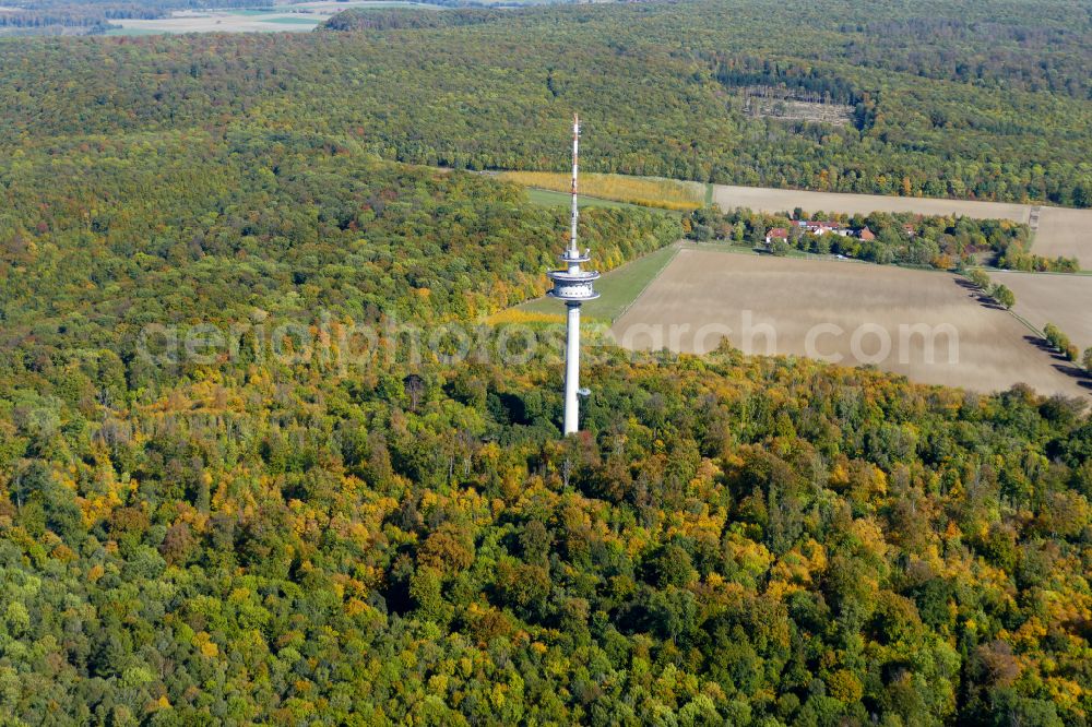 Göttingen from the bird's eye view: Autumnal discolored vegetation view funkturm and transmission system as basic network transmitter in Goettingen in the state Lower Saxony, Germany