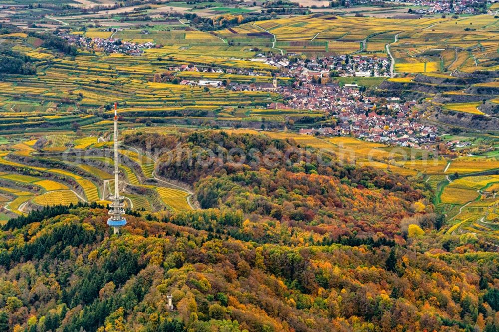 Vogtsburg im Kaiserstuhl from the bird's eye view: Autumnal discolored vegetation view funkturm and transmission system as basic network transmitter in Ihringen in the state Baden-Wurttemberg, Germany