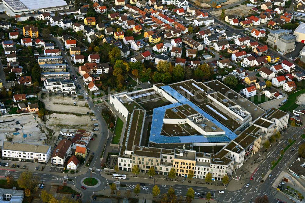 Neumarkt in der Oberpfalz from above - Autumn colored vegetation view Building of the shopping center Stadtquartier Neuer Markt on Dammstrasse in the old town center in Neumarkt in der Oberpfalz in the state Bavaria, Germany
