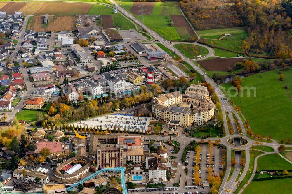 Aerial image Rust - Autumnal discolored vegetation view complex of the hotel building Resort Colosseo in Europa-Park in Rust in the state Baden-Wurttemberg, Germany