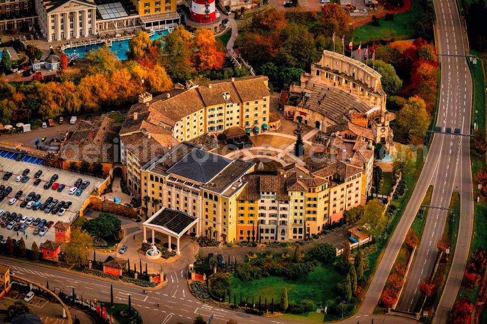Aerial image Rust - Autumnal discolored vegetation view complex of the hotel building Resort colosseo Europa-Park in Rust in the state Baden-Wuerttemberg, Germany