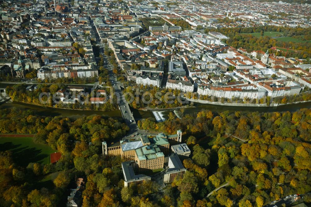 Aerial image München - Autumnal discolored vegetation view Building complex of the Ministry Maximilianeum - Bayerischer Landtag on Max-Planck-Strasse in Munich in the state Bavaria, Germany