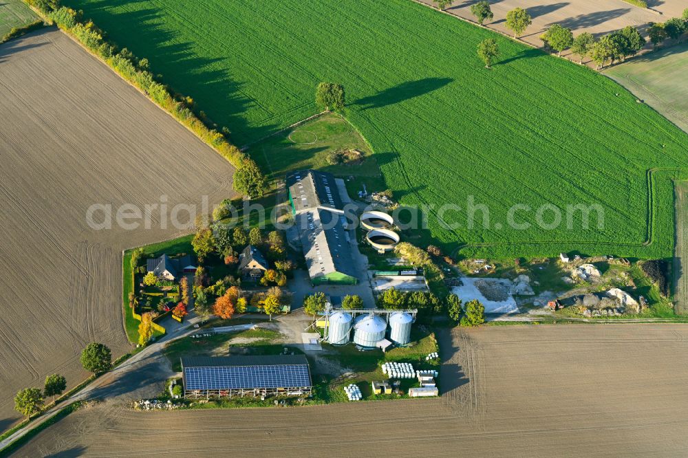 Kasseburg from the bird's eye view: Autumnal discolored vegetation view homestead and farm outbuildings on the edge of agricultural fields on Strasse Flachslande in Kasseburg in the state Schleswig-Holstein, Germany