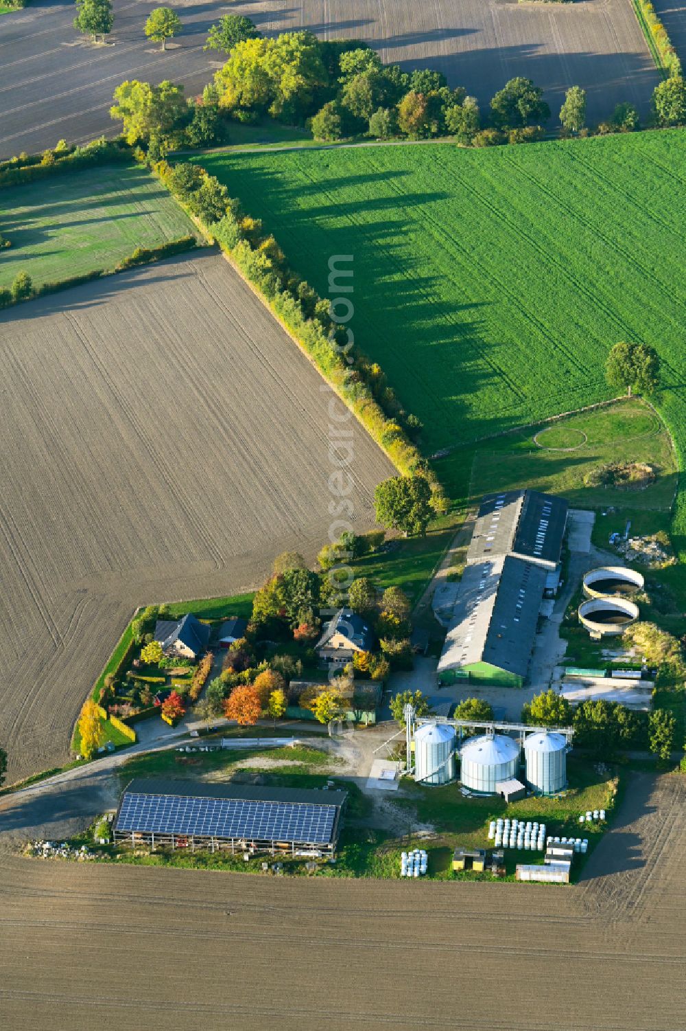 Aerial image Kasseburg - Autumnal discolored vegetation view homestead and farm outbuildings on the edge of agricultural fields on Strasse Flachslande in Kasseburg in the state Schleswig-Holstein, Germany