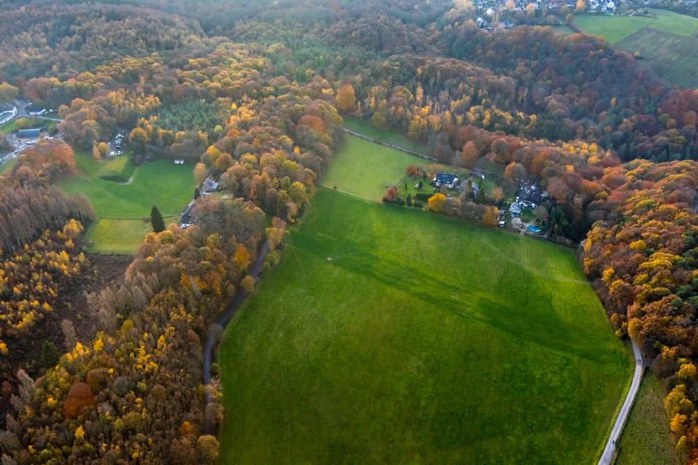 Aerial image Witten - Autumnal discolored vegetation view homestead of a farm surrounded by forest in Witten in the state North Rhine-Westphalia, Germany