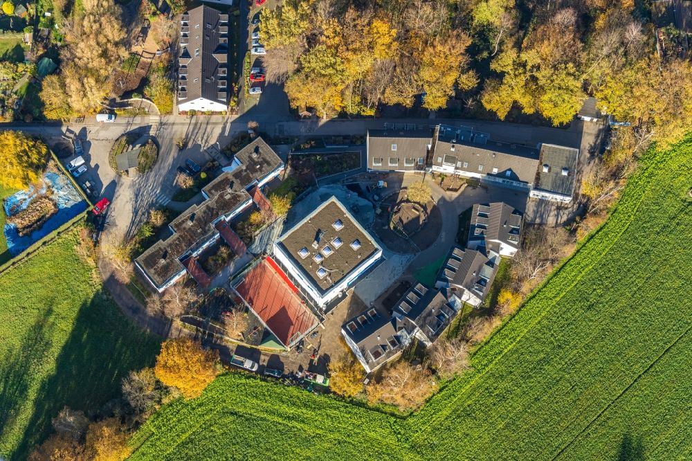 Aerial photograph Oberhausen - Autumnal discolored vegetation view ground, administration and basis of the charitable organization Friedensdorf International with a gym at Rua Hiroshima - Pfeilstrasse in the district Brink in Oberhausen in the state North Rhine-Westphalia, Germany
