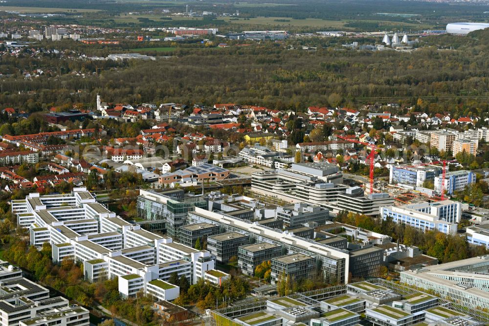 Aerial image Unterföhring - Autumnal discolored vegetation view office building - Ensemble of Allianz Deutschland AG on Dieselstrasse in the district Bogenhausen in Unterfoehring in the state Bavaria, Germany