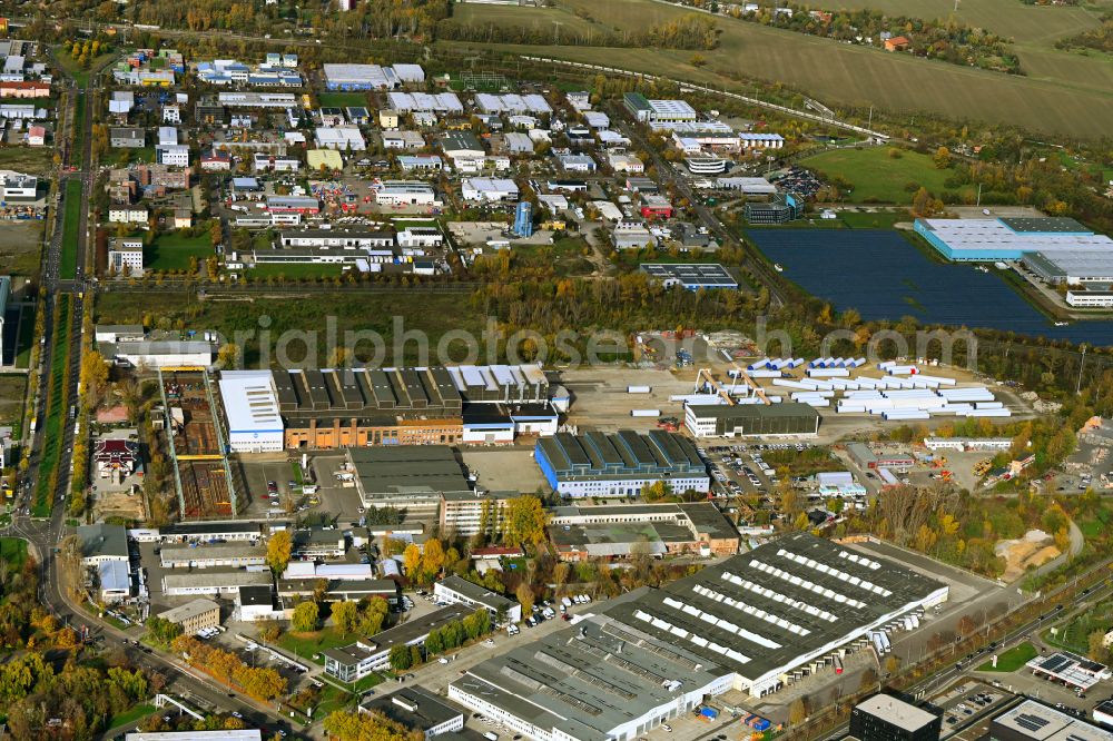 Aerial image Leipzig - Autumnal discolored vegetation view industrial estate and company settlement in the district Schoenefeld in Leipzig in the state Saxony, Germany