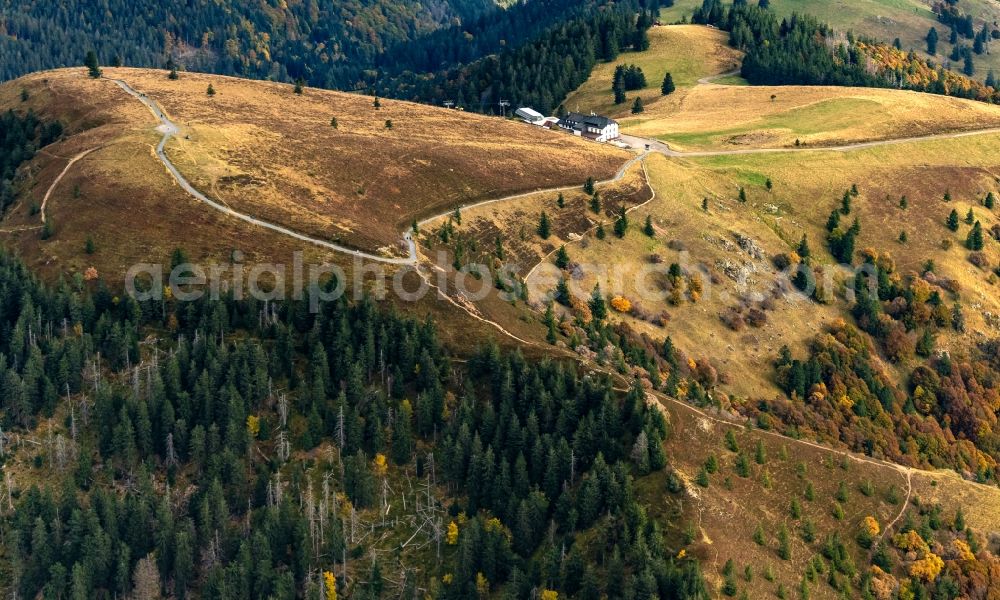 Aerial image Schönenberg - Autumnal discolored vegetation view rocky and mountainous landscape of Belchen in Schoenenberg in the state Baden-Wurttemberg, Germany
