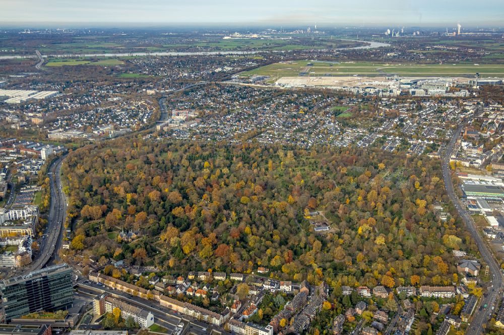 Aerial image Düsseldorf - Autumnal discolored vegetation view grave rows on the grounds of the cemetery in Duesseldorf in the state North Rhine-Westphalia, Germany