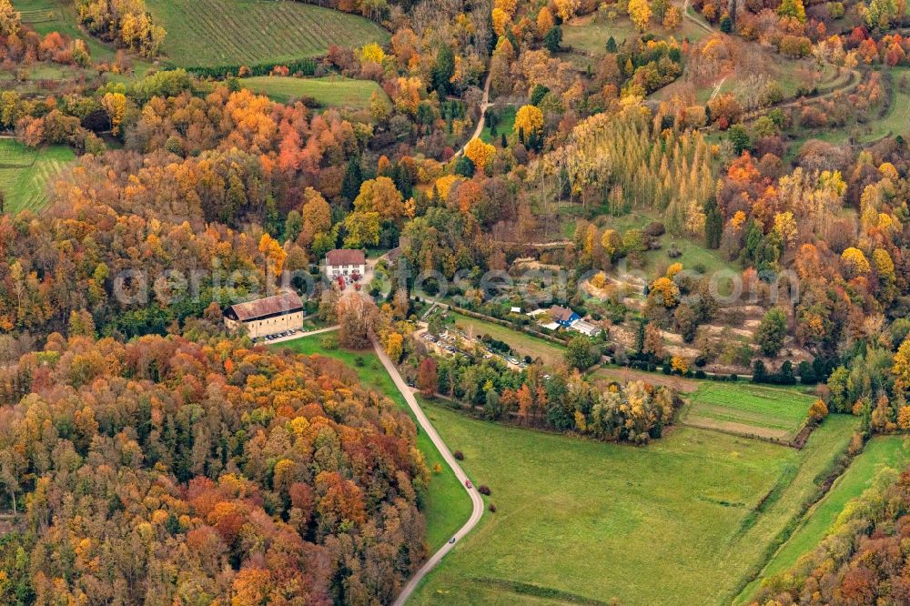 Aerial photograph Ihringen - Autumnal discolored vegetation view building and manor house of the farmhouse in Ihringen in the state Baden-Wurttemberg, Germany