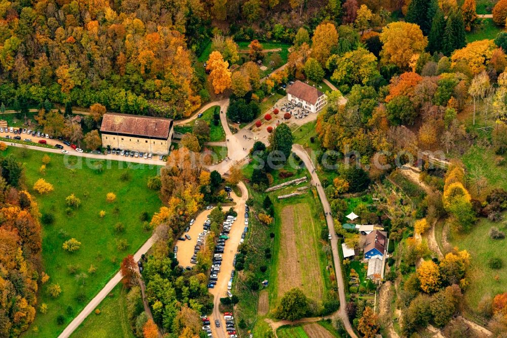 Ihringen from the bird's eye view: Autumnal discolored vegetation view building and manor house of the farmhouse in Ihringen in the state Baden-Wurttemberg, Germany