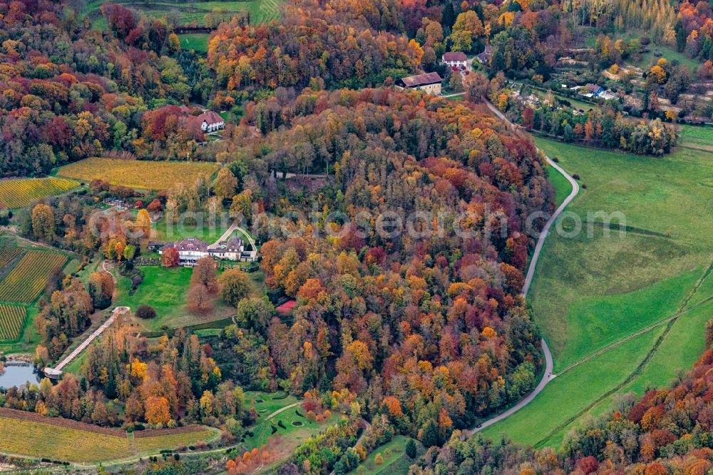 Aerial photograph Ihringen - Autumnal discolored vegetation view building and manor house of the farmhouse in Ihringen in the state Baden-Wurttemberg, Germany