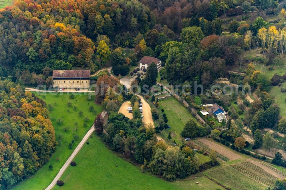Aerial image Ihringen - Autumnal discolored vegetation view building and manor house of the farmhouse in Ihringen in the state Baden-Wurttemberg, Germany