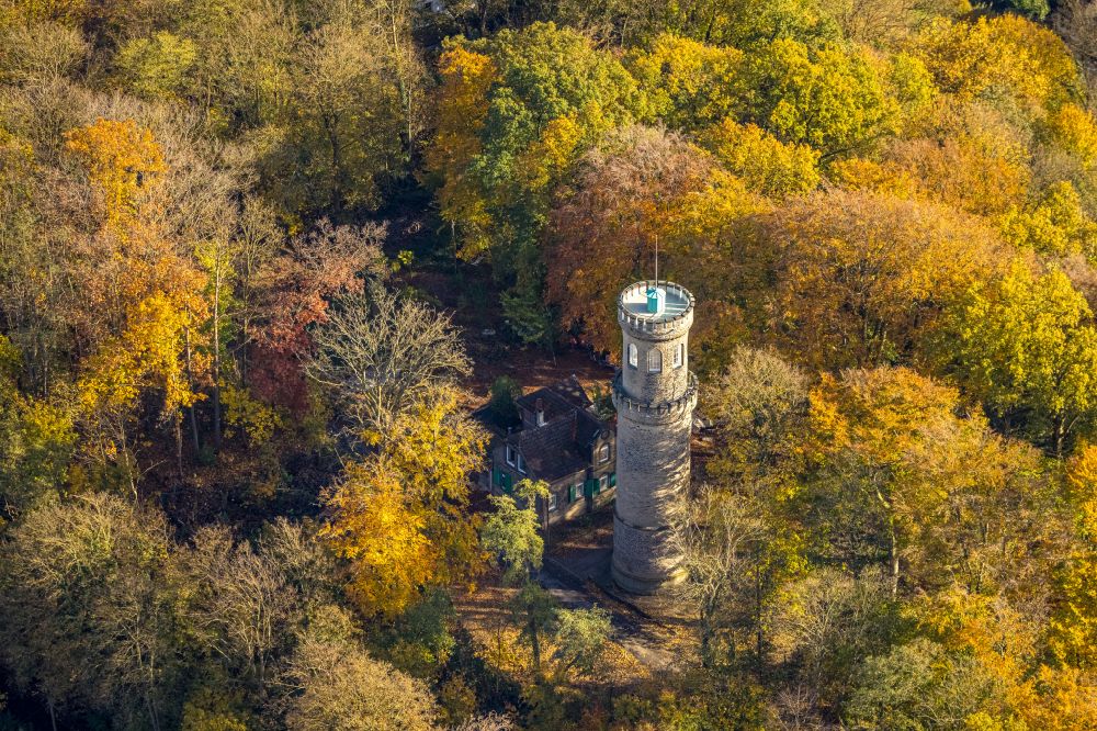 Aerial photograph Witten - Autumnal discolored vegetation view tree tops in a deciduous forest - forest area in the urban area in Witten in the state North Rhine-Westphalia, Germany