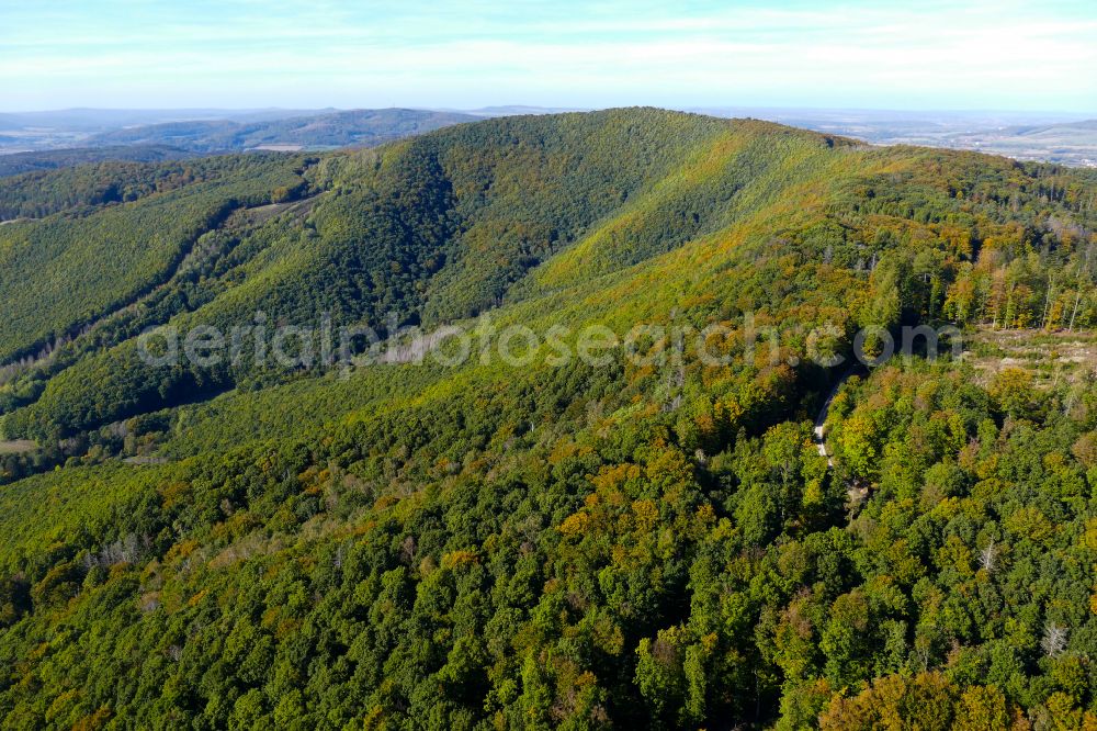 Lindewerra from above - Autumnal discolored vegetation view autumnal discolored vegetation view forest and mountain scenery of Kella-Teufelskanzel in Lindewerra in the state Thuringia, Germany