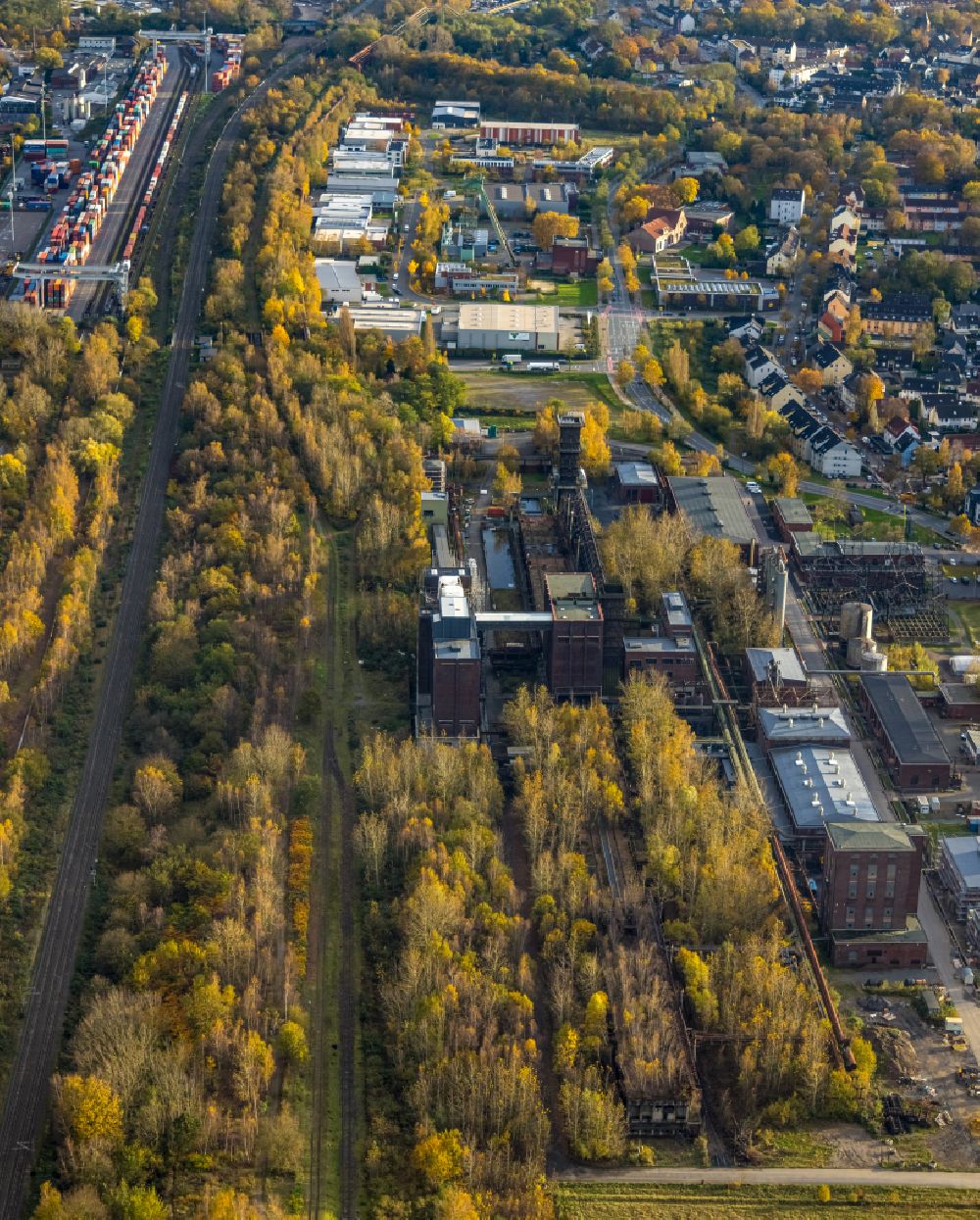 Dortmund from the bird's eye view: Autumnal discolored vegetation view industrial monument of the disused technical facilities on the former site of the Kokerei Hansa on street Emscherallee in Dortmund in the state North Rhine-Westphalia, Germany