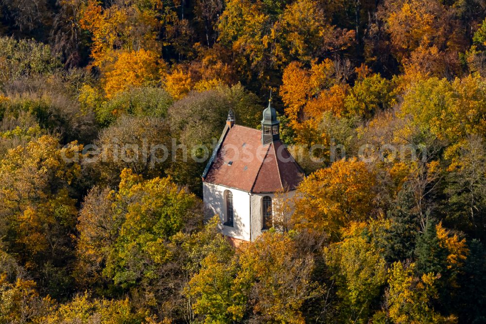Endingen am Kaiserstuhl from the bird's eye view: Autumnal discolored vegetation view church in the district Koenigschaffhausen in Vogtsburg im Kaiserstuhl in the state Baden-Wuerttemberg