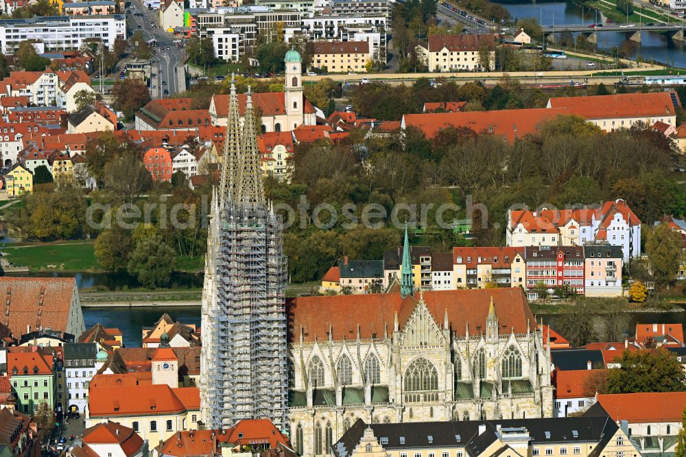 Regensburg from the bird's eye view: Autumnal vegetation view Night aerial view Church building of the Dom St Peter on Domplatz in the district Innenstadt in Regensburg in the state Bavaria, Germany