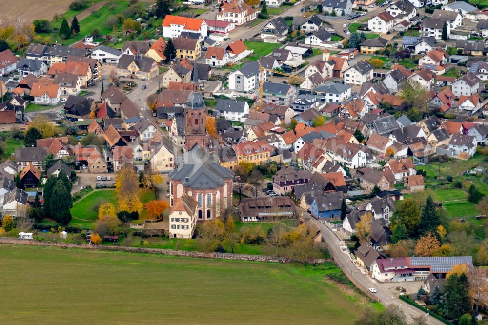 Aerial image Schuttern - Autumnal discolored vegetation view church building in the village of in Schuttern in the state Baden-Wurttemberg, Germany