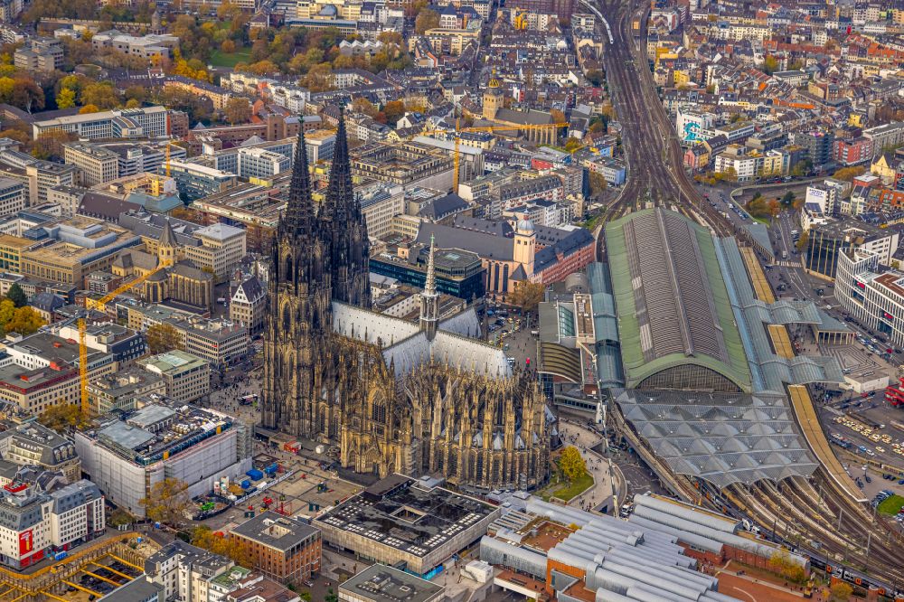 Aerial image Köln - Autumnal discolored vegetation view church building in Koelner Dom on street Domkloster in the district Innenstadt in Cologne in the state North Rhine-Westphalia, Germany