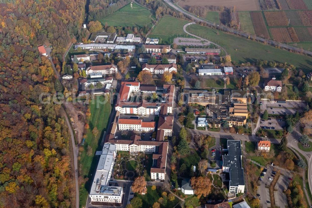 Aerial photograph Klingenmünster - Autumnal discolored vegetation view of hospital grounds of the Clinic Klinik fuer Kinder-/Jugendpsychiatrie and -psychotherapie in the district Pfalzklinik Landeck in Klingenmuenster in the state Rhineland-Palatinate, Germany