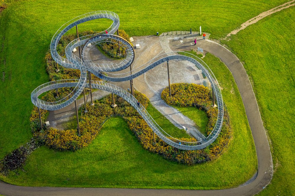 Aerial photograph Duisburg - Autumnal discolored vegetation view outdoor art- installation Tiger & Turtle on street Ehinger Strasse in the district Wanheim - Angerhausen in Duisburg in the state North Rhine-Westphalia, Germany