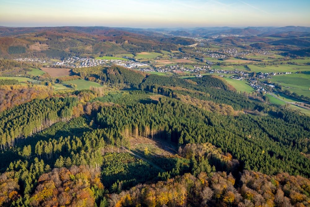 Aerial image Olpe - Autumnal discolored vegetation view treetops in a forest area in Olpe in the state North Rhine-Westphalia, Germany