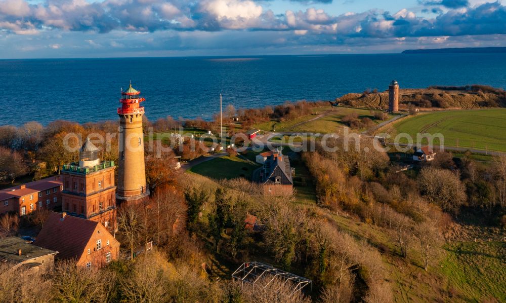 Aerial image Putgarten - Autumnal discolored vegetation view lighthouse as a historic seafaring character in the coastal area of Kap Arkona in Putgarten in the state Mecklenburg - Western Pomerania, Germany
