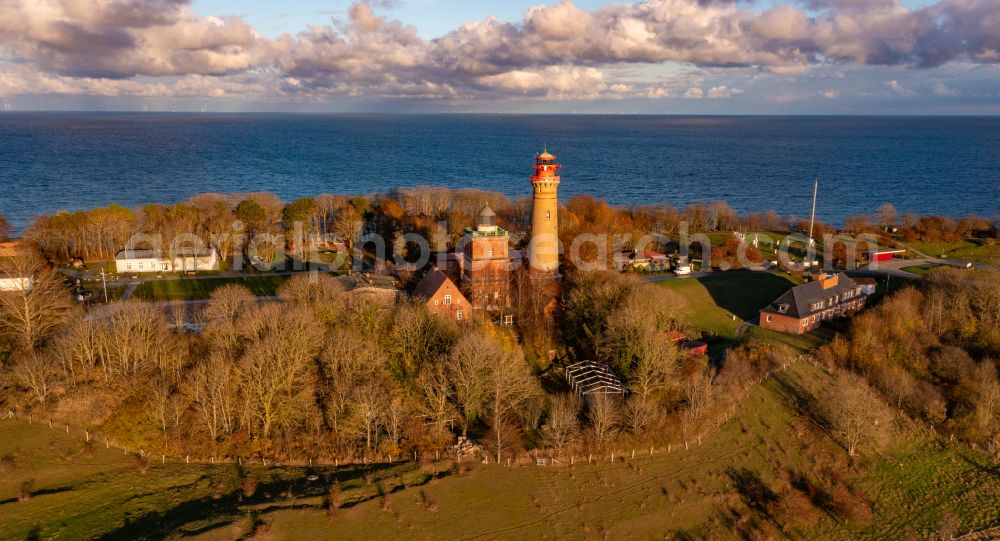 Aerial photograph Putgarten - Autumnal discolored vegetation view lighthouse as a historic seafaring character in the coastal area of Kap Arkona in Putgarten in the state Mecklenburg - Western Pomerania, Germany