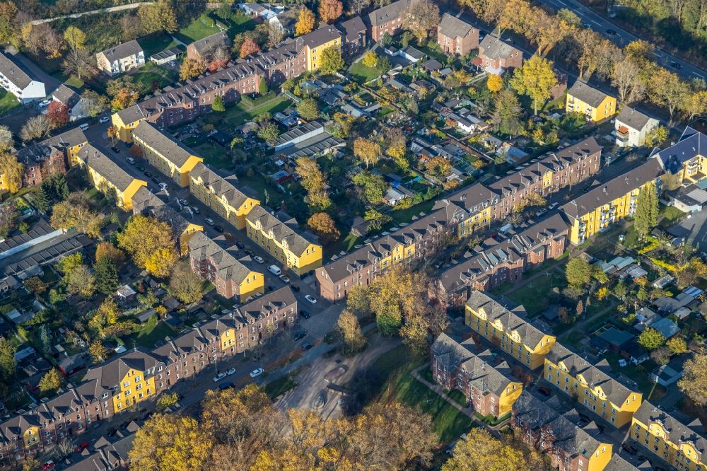 Aerial photograph Duisburg - Autumnal discolored vegetation view residential area of a multi-family house settlement An of Abtei - Bremenstrasse in the district Alt-Hamborn in Duisburg in the state North Rhine-Westphalia, Germany