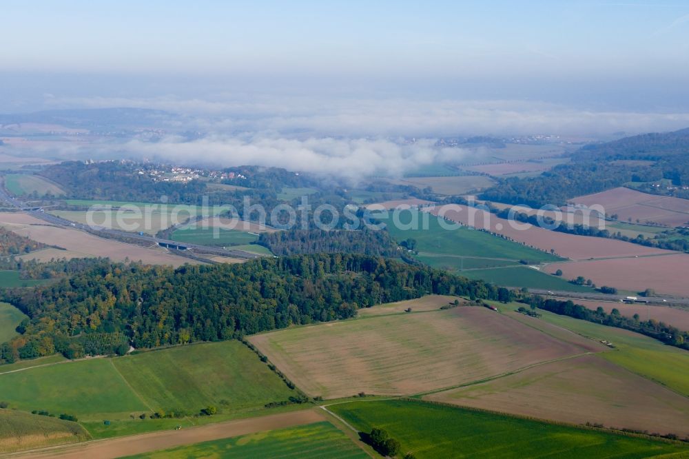 Aerial photograph Friedland - Autumnal discolored vegetation view weather related fog banks and cloud layer in Friedland in the state Lower Saxony, Germany