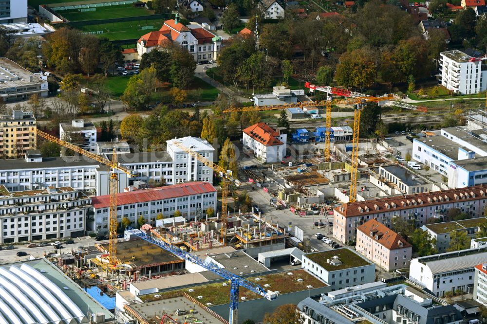 Aerial image München - Autumnal discolored vegetation view construction site to build a new office and commercial building FABRIK office in Munich in the state Bavaria, Germany