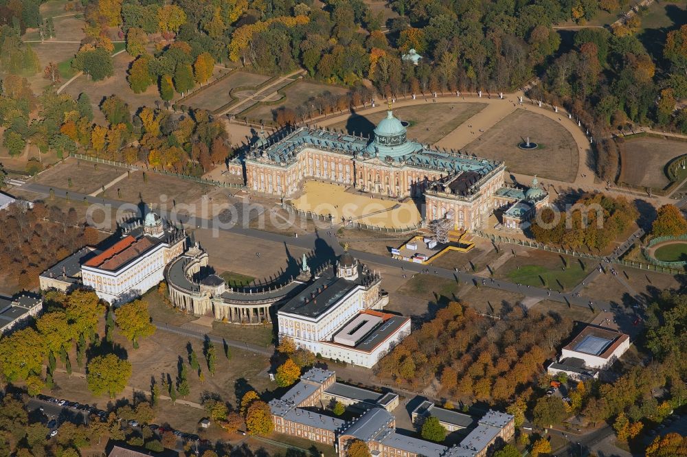 Aerial photograph Potsdam - Autumnal discolored vegetation view palace - Neues Palais in the district Westliche Vorstadt in Potsdam in the state Brandenburg, Germany