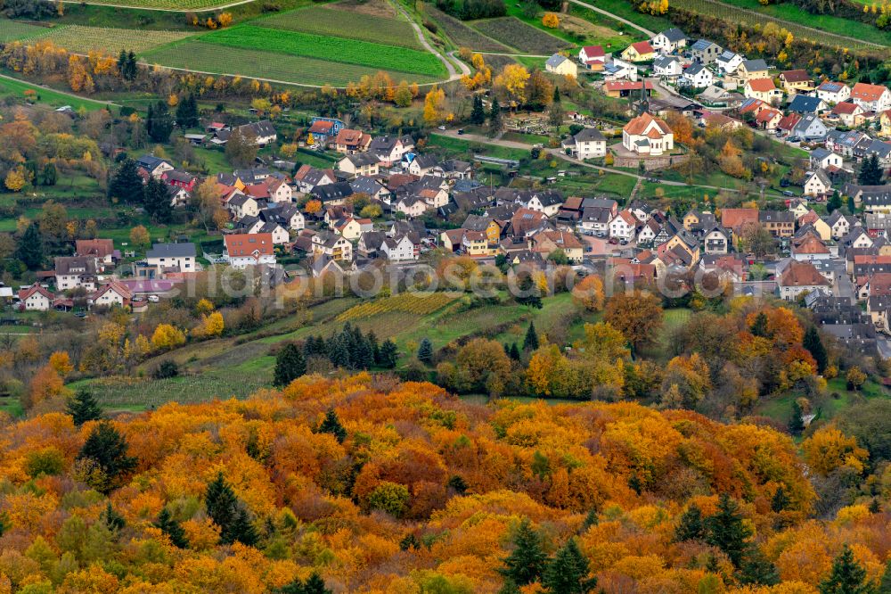 Aerial photograph Bombach - Autumnal discolored vegetation view town View of the streets and houses of the residential areas in Bombach in the state Baden-Wuerttemberg