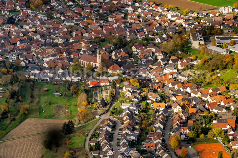 Hofweier from the bird's eye view: Autumnal discolored vegetation view town View of the streets and houses of the residential areas in Hofweier in the state Baden-Wuerttemberg, Germany