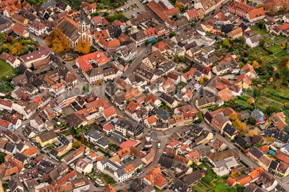 Aerial image Ihringen - Autumnal discolored vegetation view town View of the streets and houses of the residential areas in Ihringen in the state Baden-Wurttemberg, Germany