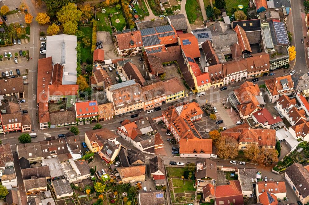 Ihringen from the bird's eye view: Autumnal discolored vegetation view town View of the streets and houses of the residential areas in Ihringen in the state Baden-Wurttemberg, Germany