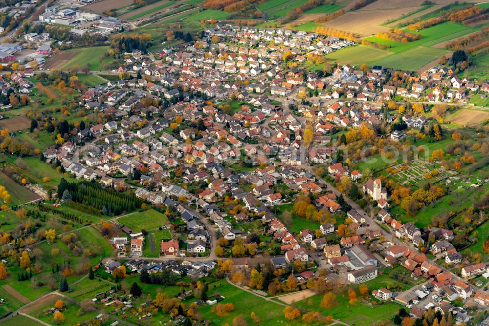 Aerial image Rammersweier - Autumnal discolored vegetation view town View of the streets and houses of the residential areas in Rammersweier in the state Baden-Wuerttemberg, Germany