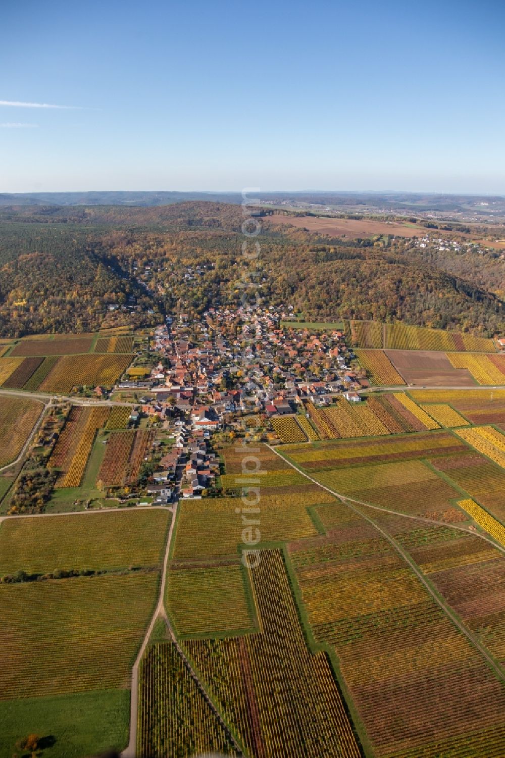 Aerial image Bobenheim am Berg - Autumnal discolored vegetation view of the rhine valley landscape surrounded by Palatinian mountains in Bobenheim am Berg in the state Rhineland-Palatinate, Germany