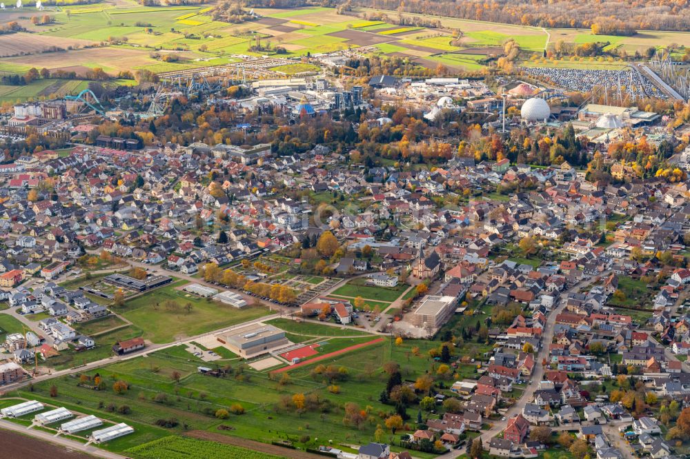 Aerial image Rust - Autumnal discolored vegetation view down town area in Rust in the state Baden-Wurttemberg, Germany