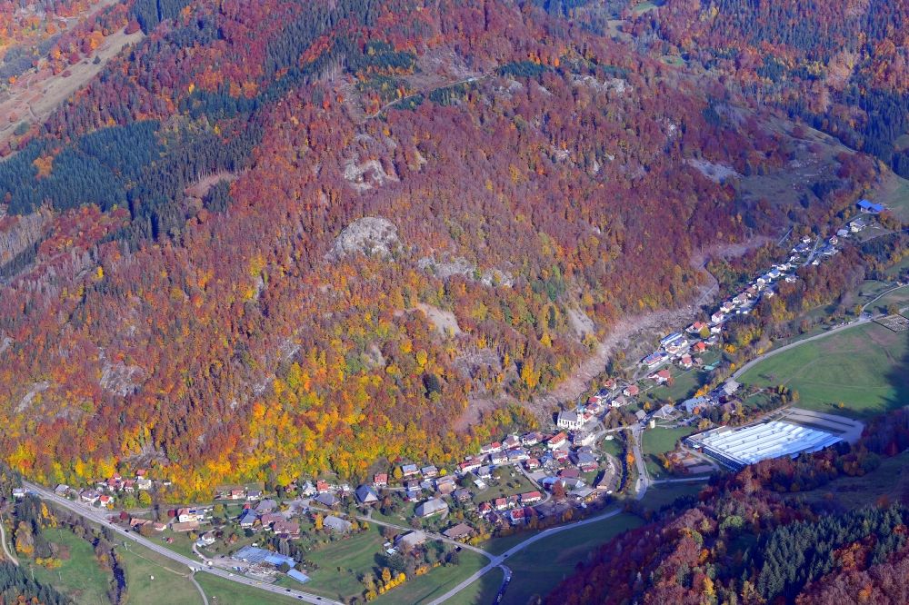 Aerial photograph Todtnau - Autumnal discolored vegetation and location view of the of residential areas in the valley landscape surrounded by mountains in Geschwend in the state Baden-Wuerttemberg, Germany