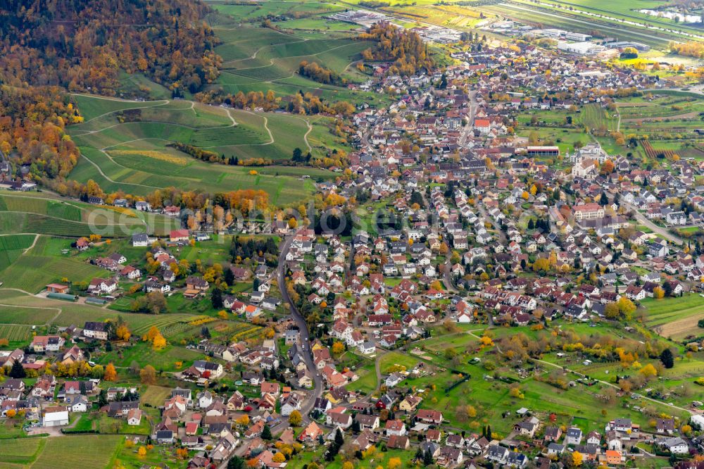 Ortenberg from above - Autumnal discolored vegetation view location view of the streets and houses of residential areas in the valley landscape surrounded by mountains in Ortenberg in the state Baden-Wuerttemberg, Germany