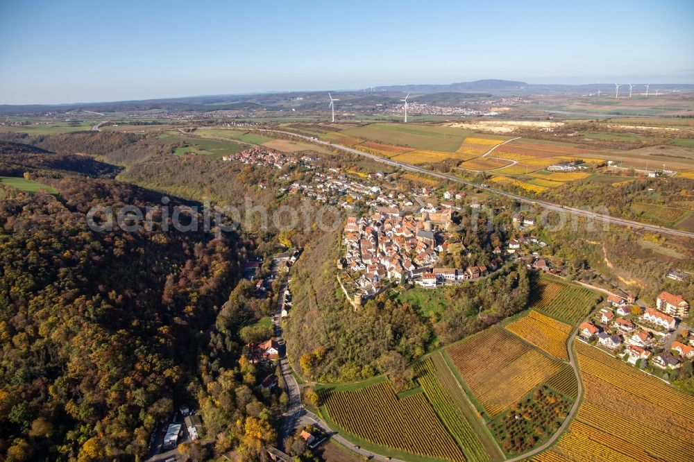 Neuleiningen from the bird's eye view: Autumnal discolored vegetation view town center on the edge of vineyards and wineries in the wine-growing area in Neuleiningen in the state Rhineland-Palatinate, Germany