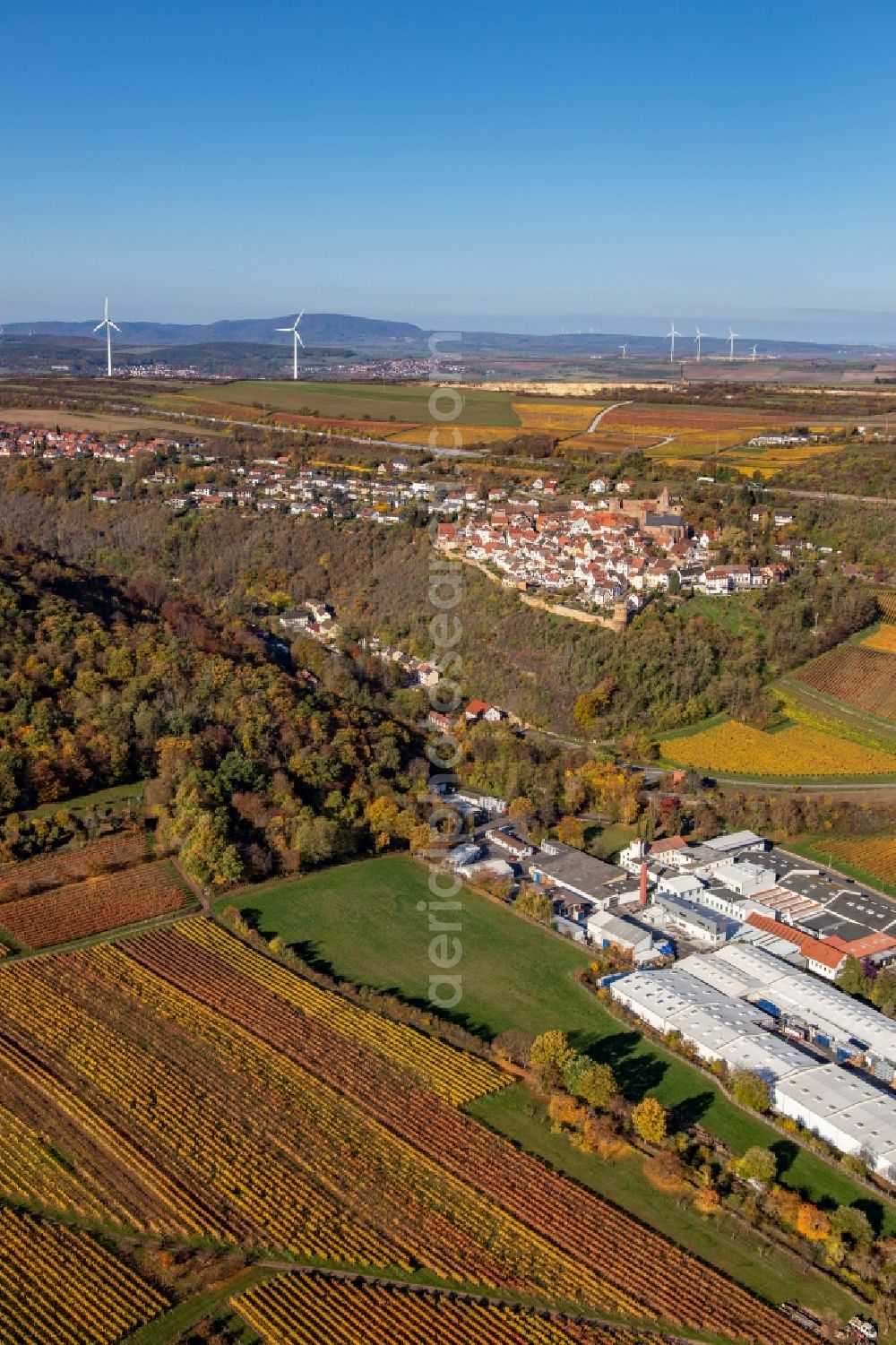 Aerial photograph Neuleiningen - Autumnal discolored vineyards in the wine-growing area around the premises of Gechem GmbH & Co. KG in Neuleiningen in the state Rhineland-Palatinate, Germany