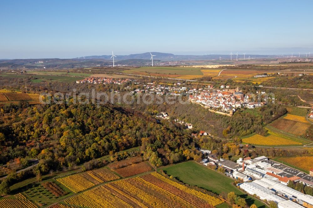 Aerial photograph Neuleiningen - Autumnal discolored vineyards in the wine-growing area around the premises of Gechem GmbH & Co. KG in Neuleiningen in the state Rhineland-Palatinate, Germany